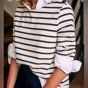 Sezane Navy and Cream Striped Long Sleeve Top